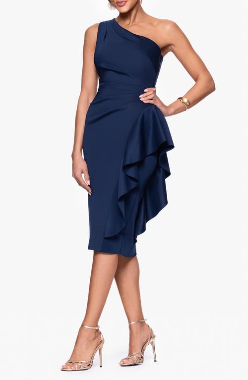 Xscape Evenings Gathered One-shoulder Cocktail Dress In Midnight