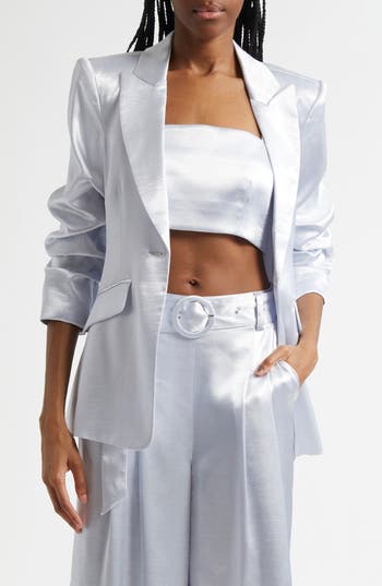 Cinq À Sept Cheyenne Hammered Satin Scrunch Sleeve Jacket In Silver