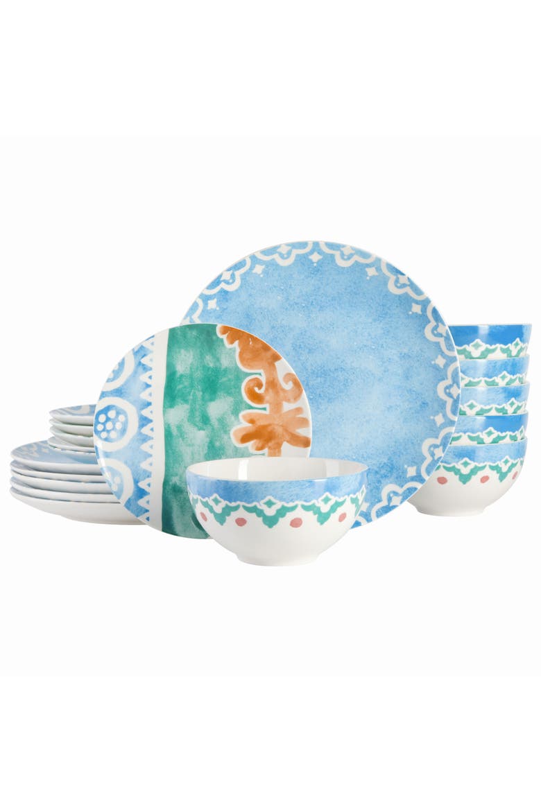 Savory Saffron 18 piece Round Fine Ceramic Dinnerware Set, Main, color, Golden Blue
