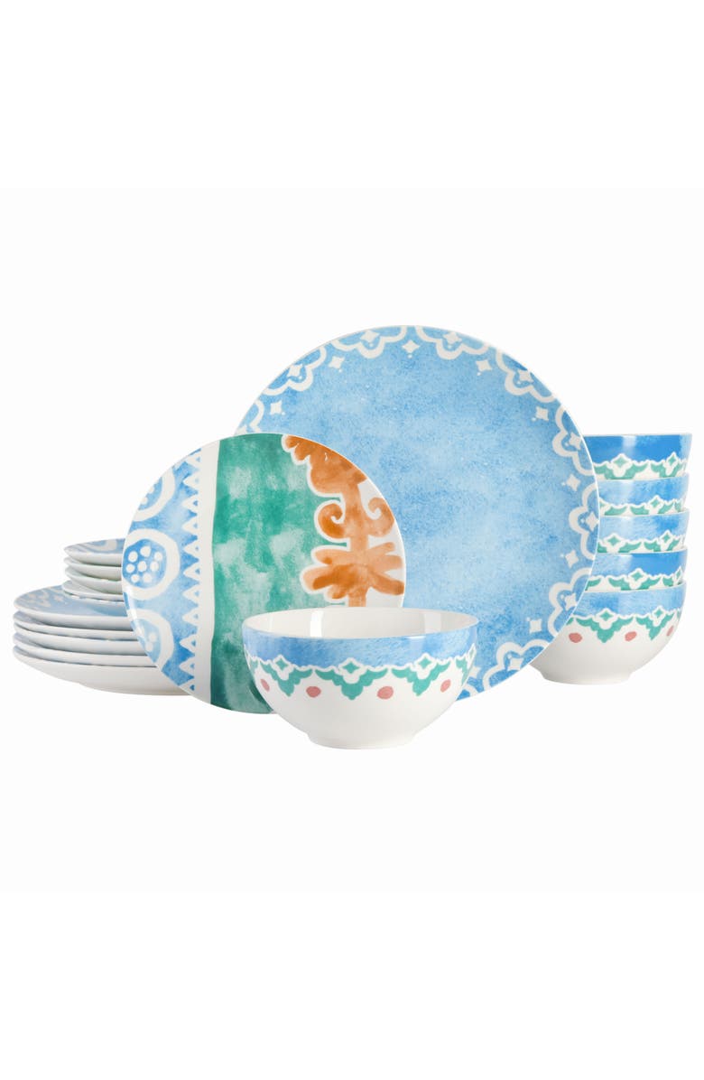 Spice By Tia Mowry Savory Saffron 18 piece Round Fine Ceramic Dinnerware Set, Main, color, Golden Blue