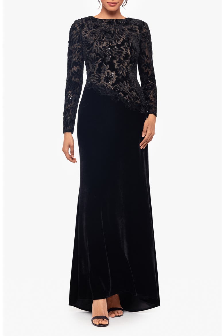 Sequin & Velvet Long Sleeve Gown, Main, color, BLACK/ NUDE