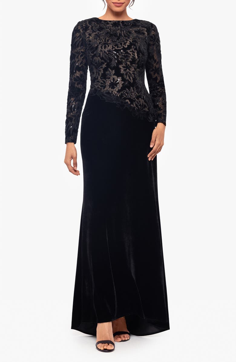 Betsy & Adam Sequin & Velvet Long Sleeve Gown, Main, color, Black/ Nude