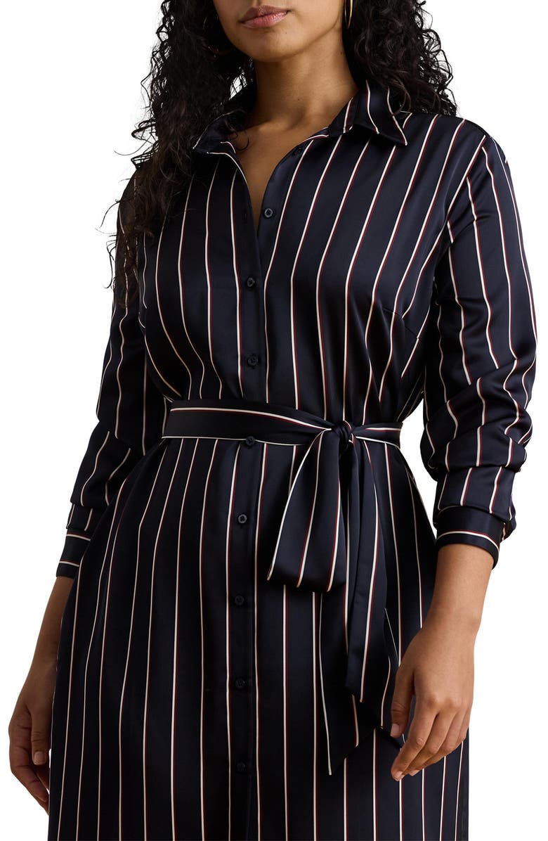 Lauren Ralph Lauren Stripe Long Sleeve Satin Charmeuse Shirtdress, Alternate, color, Navy/ Cream/ Garnet
