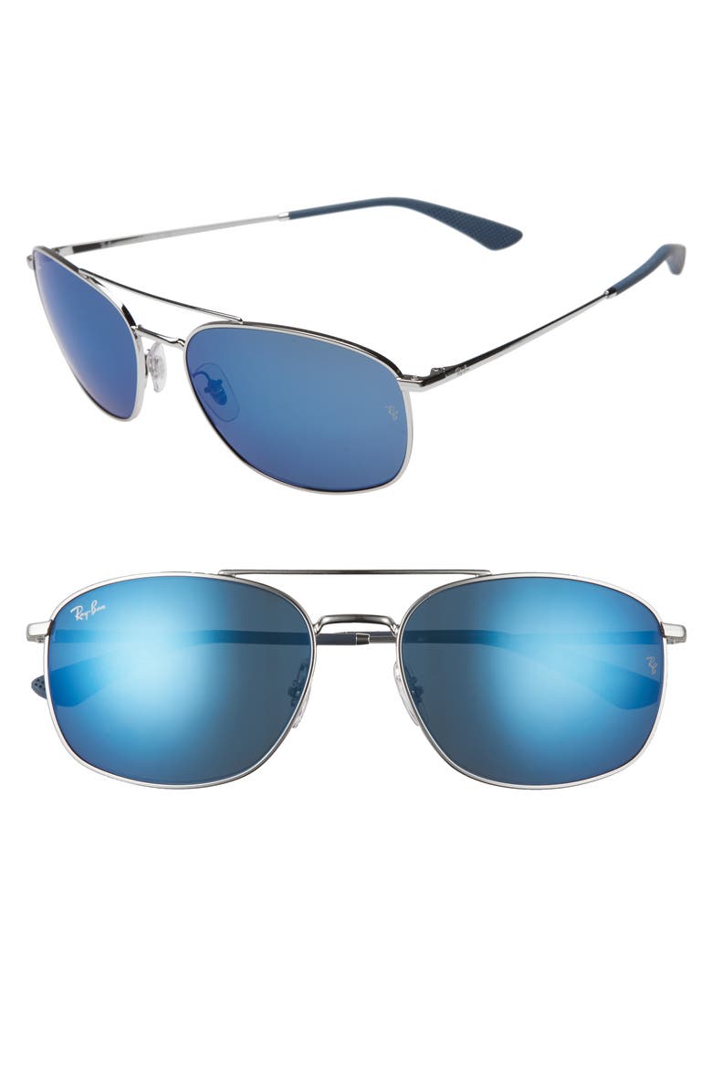 60mm Mirrored Aviator Sunglasses, Main, color, SILVER/ BLUE MIRROR BLUE