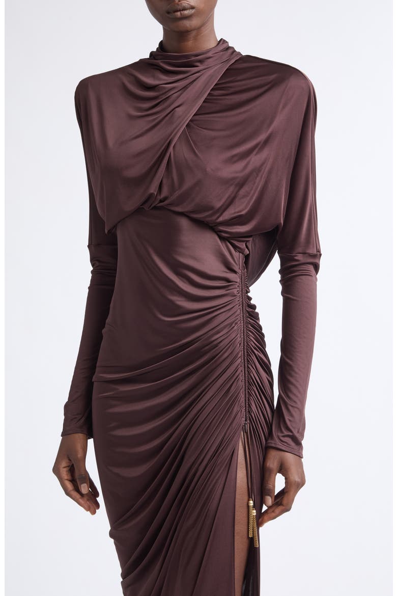 Open Back Ruched Viscose Jersey Gown, Alternate, color, A51 BROWN
