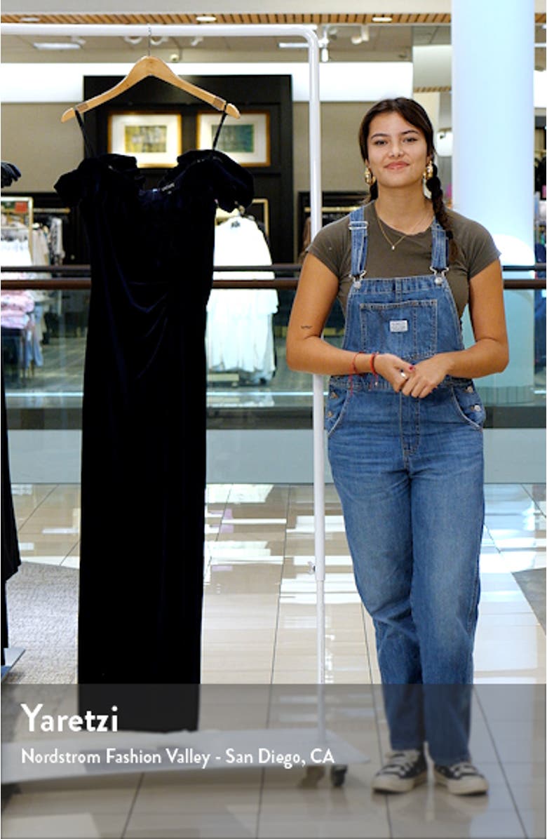 Ruffle Off the Shoulder Velvet Column Dress, sales video thumbnail