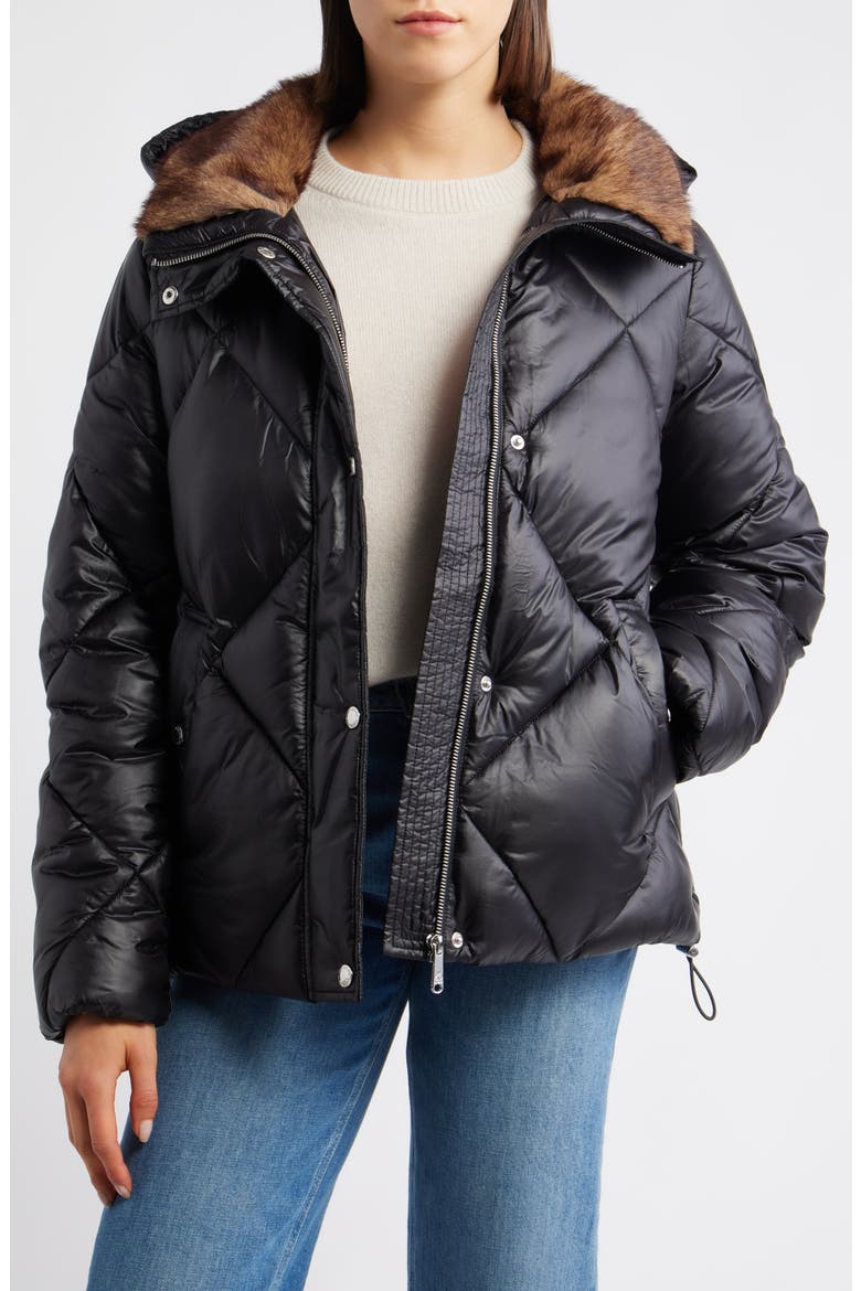 Diamond Quilted Puffer Jacket with Faux Fur Hood, Main, color, BLACK