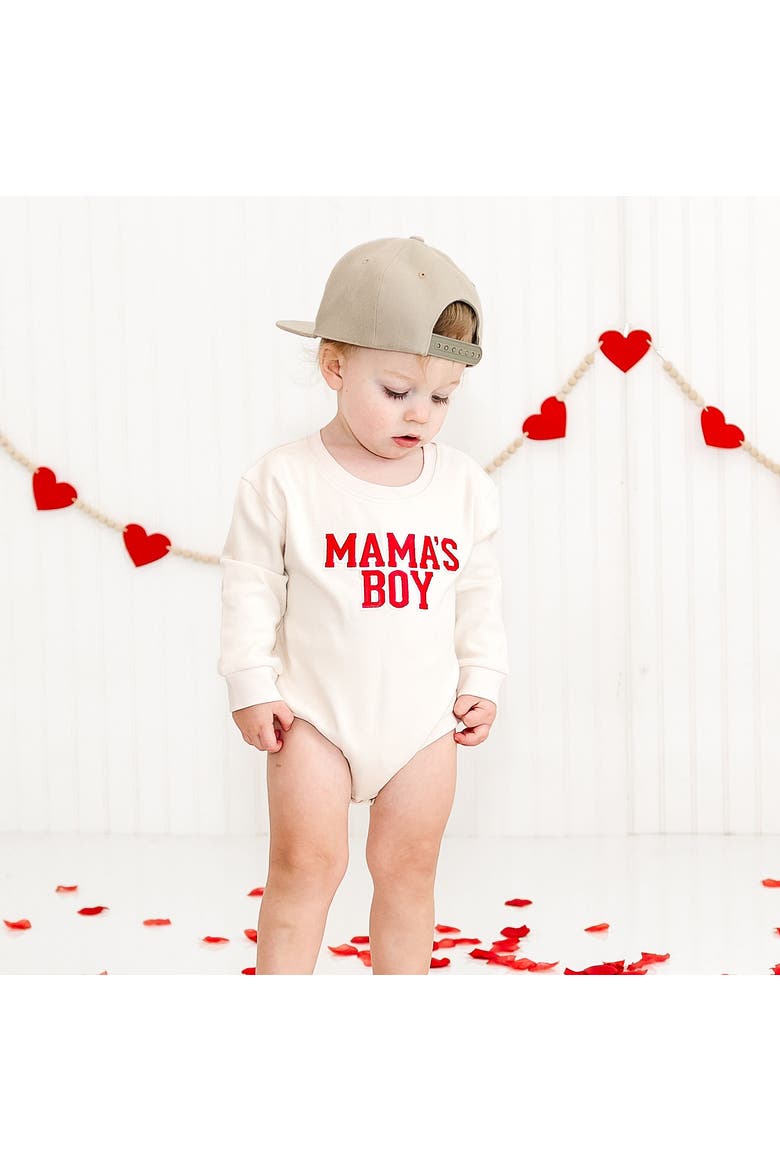 Mama's Boy Varsity Patch Long Sleeve Romper, Alternate, color, Natural
