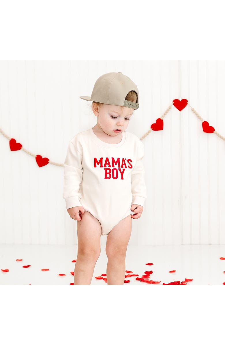 Sweet Wink Mama
s Boy Varsity Patch Valentine
s Day Long Sleeve Romper, Alternate, color, Natural