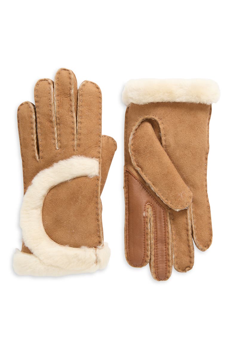 Genuine Shearling Exposed Curve Seam Gloves, Main, color, CHESTNUT