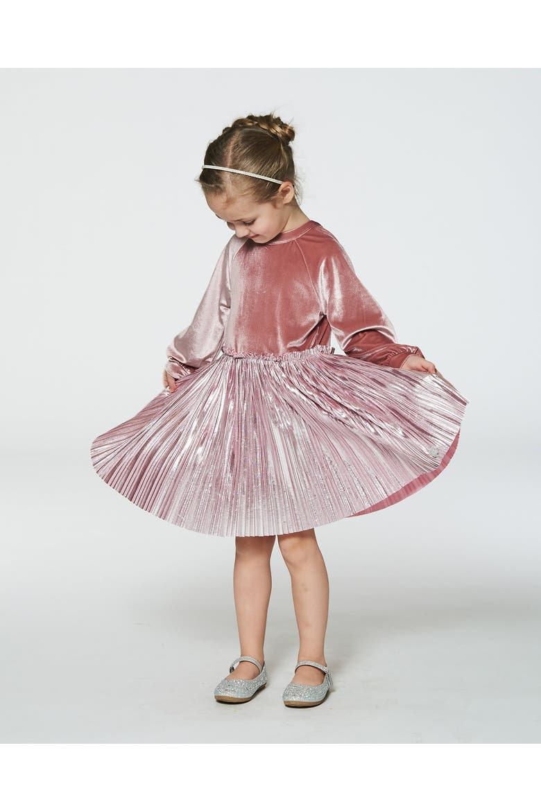 Little Girl's Bi-Material Long Sleeve Dress Light Pink, Alternate, color, Silver Pink