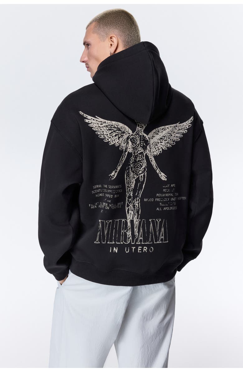 H&M Loose Fit Printed Hoodie, Alternate, color, Black/Nirvana