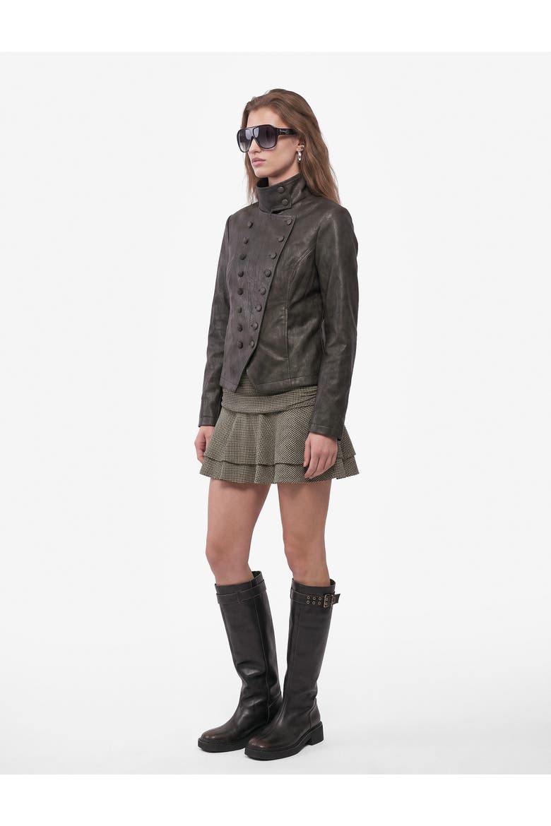 Koton Funnel Neck Faux Leather Military Jacket Asymmetric Front Overlap ...