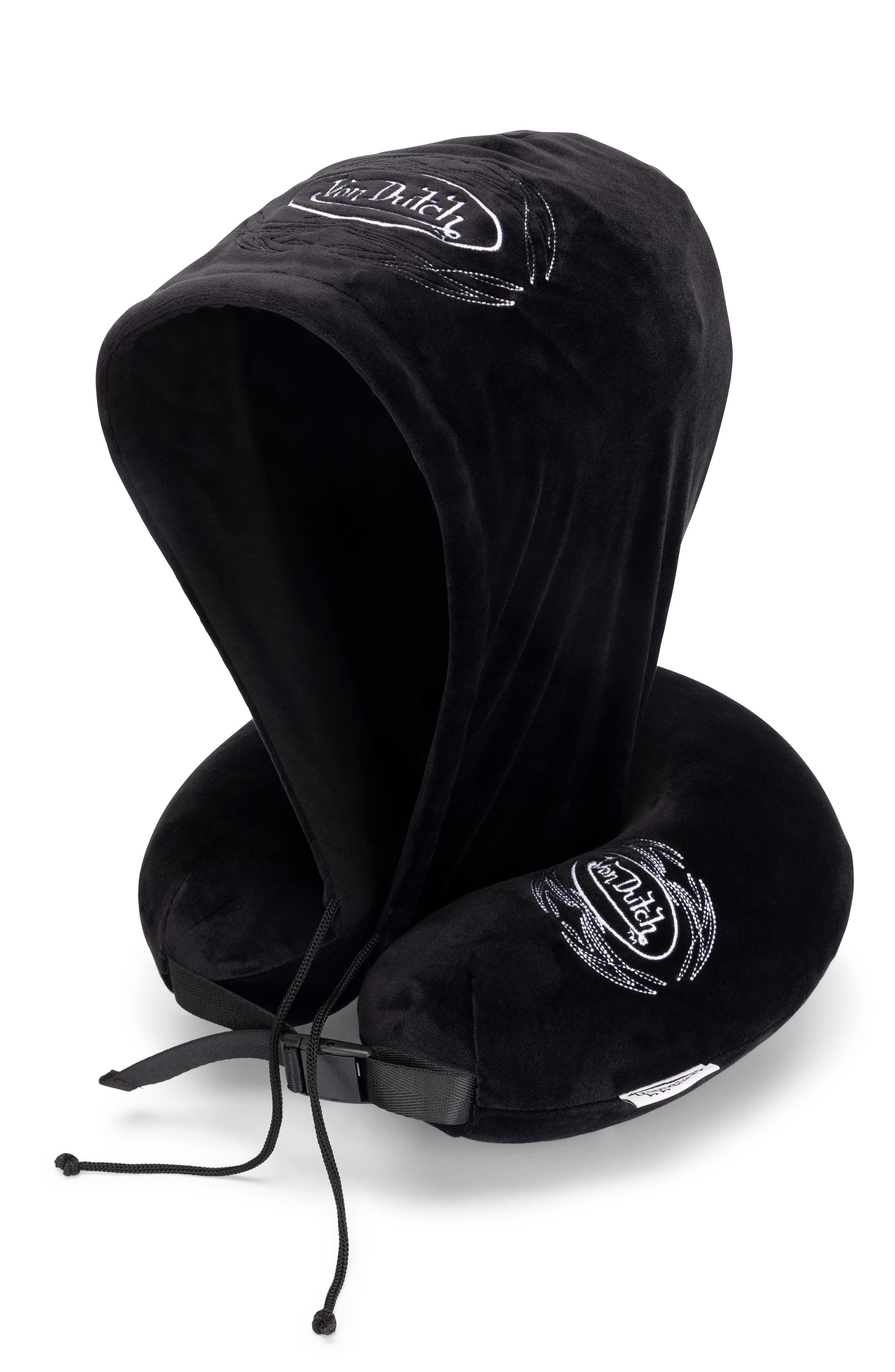 Von Dutch Pinstripe Hooded Memory Foam Travel Neck Pillow, Main, color, Black