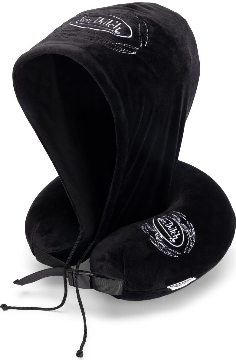 Von Dutch Pinstripe Hooded Memory Foam Travel Neck Pillow, Main, color, Black