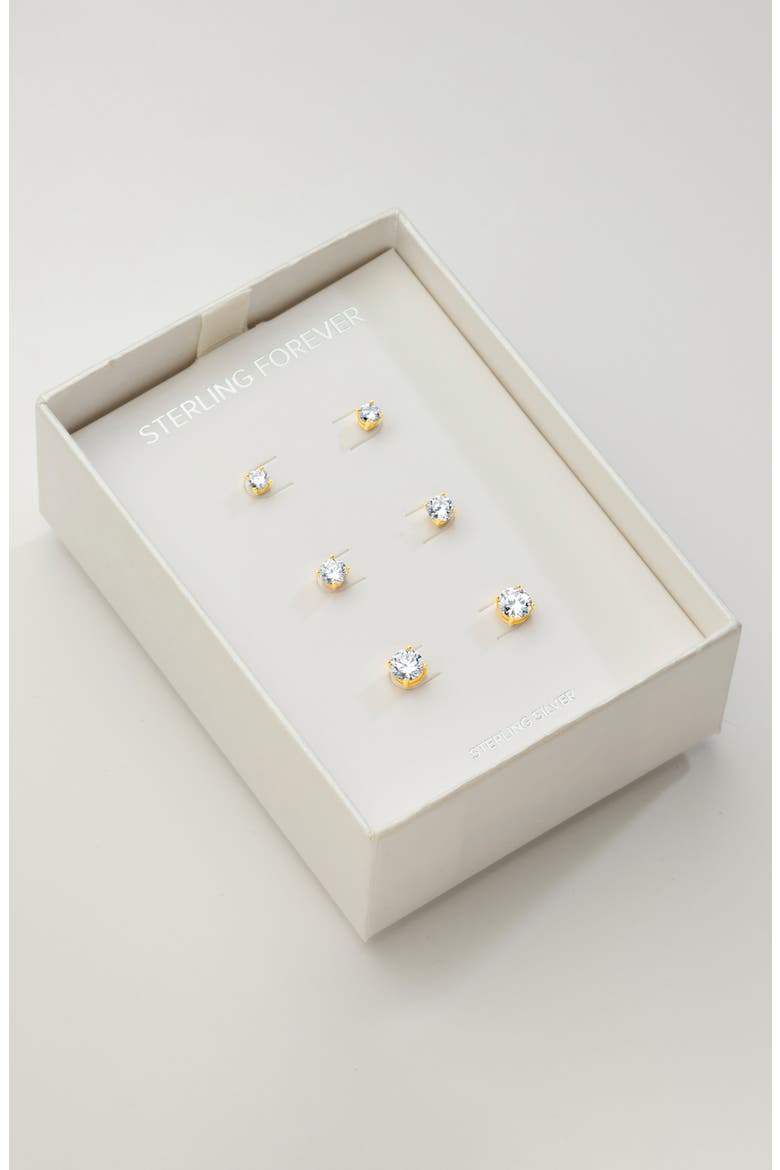 14K Gold Plated Sterling Silver CZ Stud Earrings - Set of 3, Alternate, color, GOLD