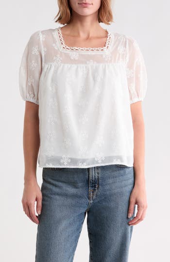 Forgotten Grace Lace Trim Embroidered Eyelet Top in White at Nordstrom Rack, Size Small