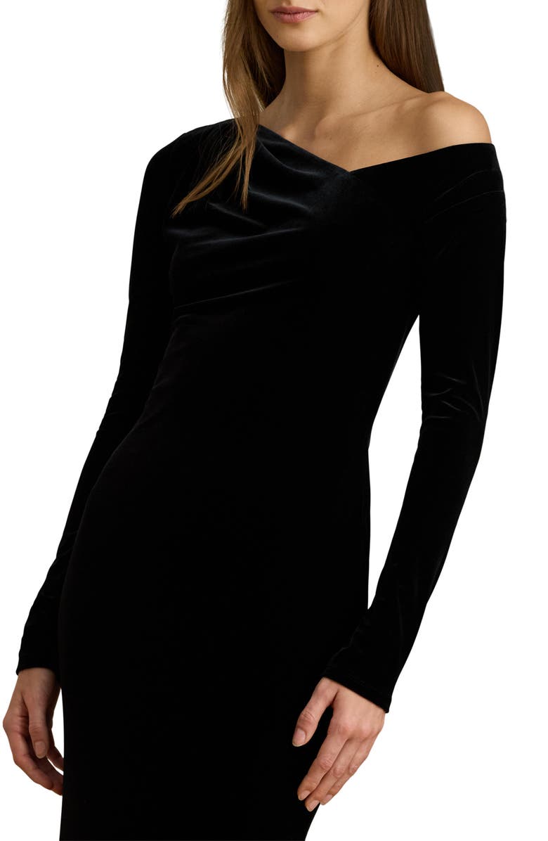 Lauren Ralph Lauren Cateema Asymmetric Neck Long Sleeve Gown, Alternate, color, Black Velvet