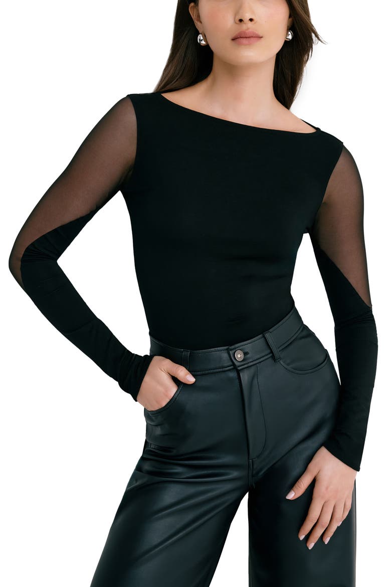 Adella Mesh Accent Bodysuit, Main, color, BLACK