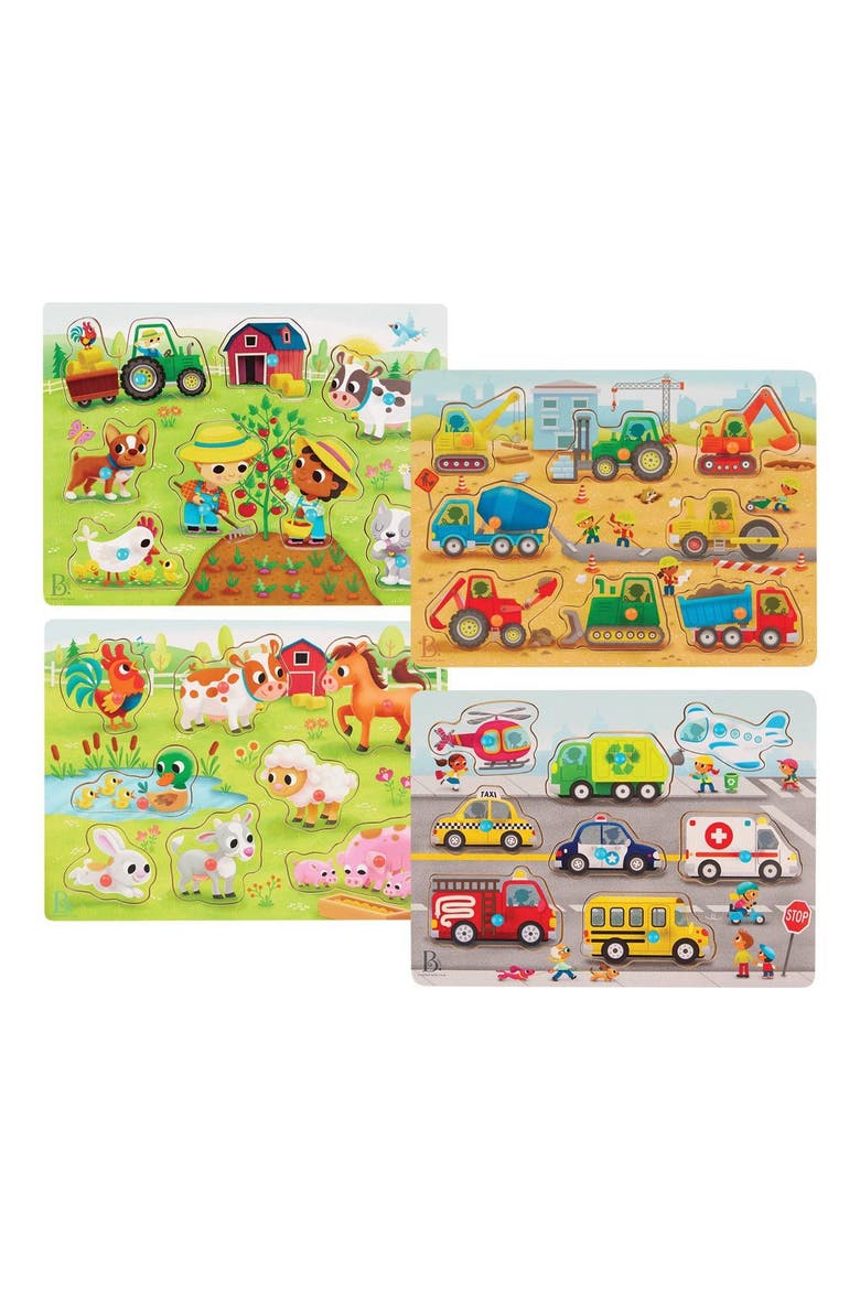Farmyard Animals & Transportation Vehicles Peg Puzzles, Main, color, Multicolored