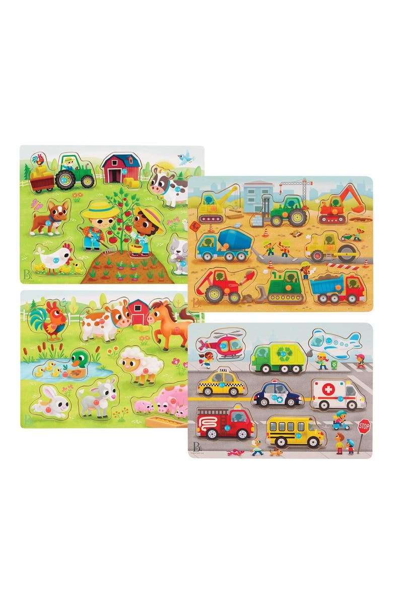 Battat Farmyard Animals & Transportation Vehicles Peg Puzzles, Main, color, Multicolored
