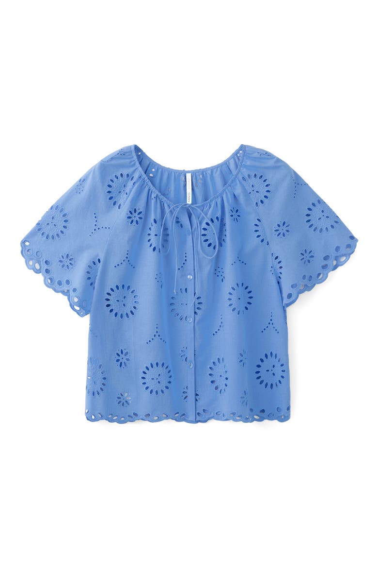 Openwork Embroidered Cotton Button-Up Top, Alternate, color, BLUE
