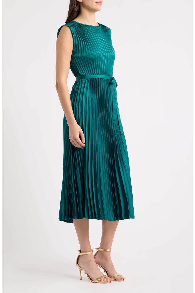 Sunburst Pleated Satin Midi Dress, Alternate, color, DEEP JADE