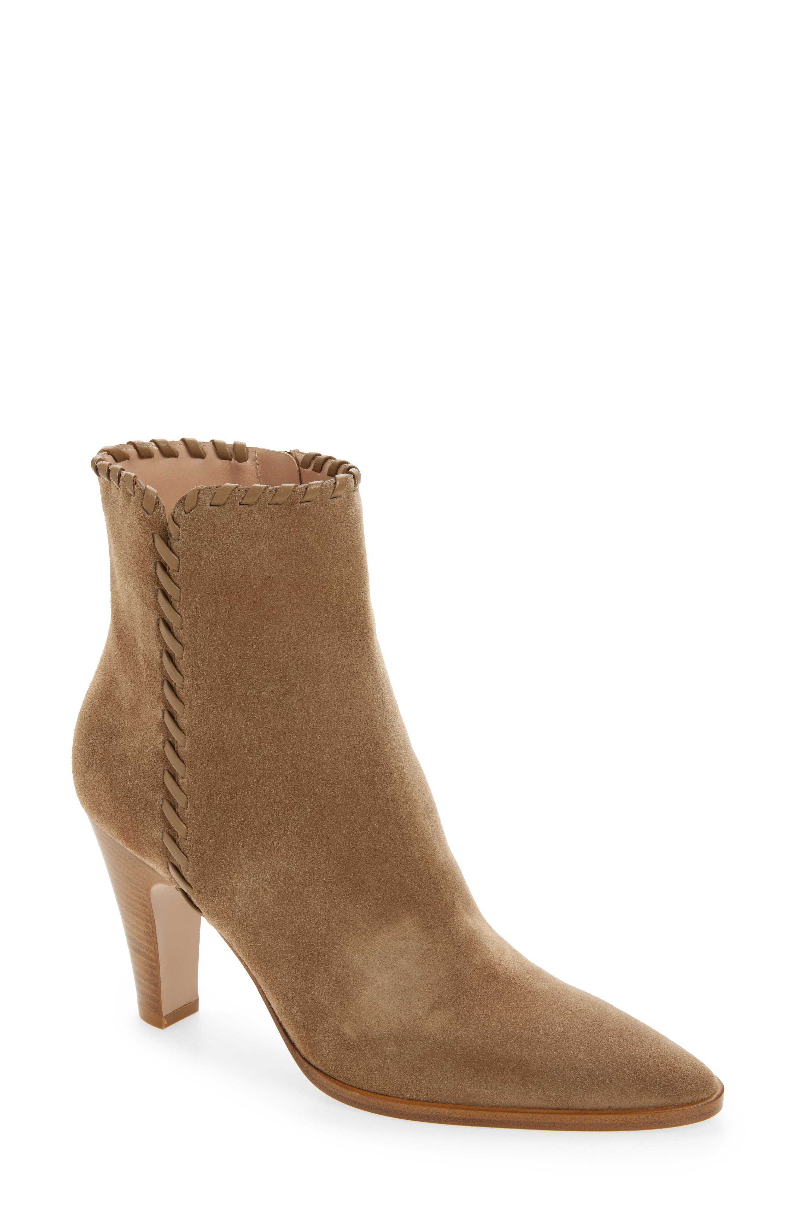 Gianvito Rossi Whipstitch Pointed Toe Bootie, Main, color, Camel