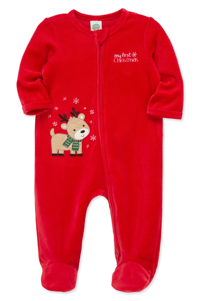 My First Christmas Reindeer Velour Footie, Alternate, color, RED