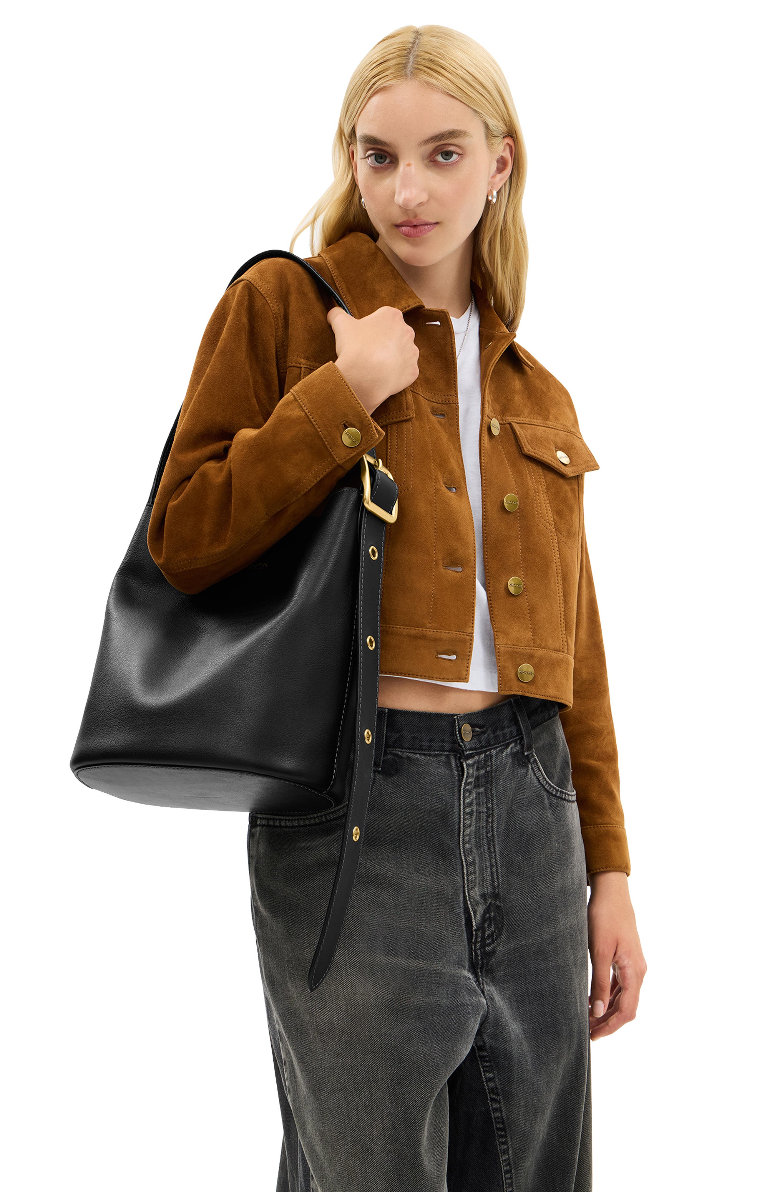 COACH Bleecker Natural Grain Leather Shoulder Bag, Alternate, color, Black