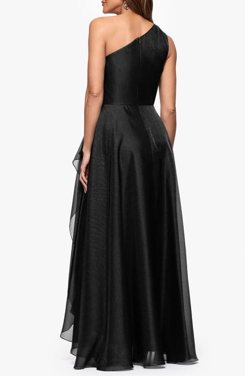 Xscape Evenings One-shoulder Metallic Organza Gown In Black
