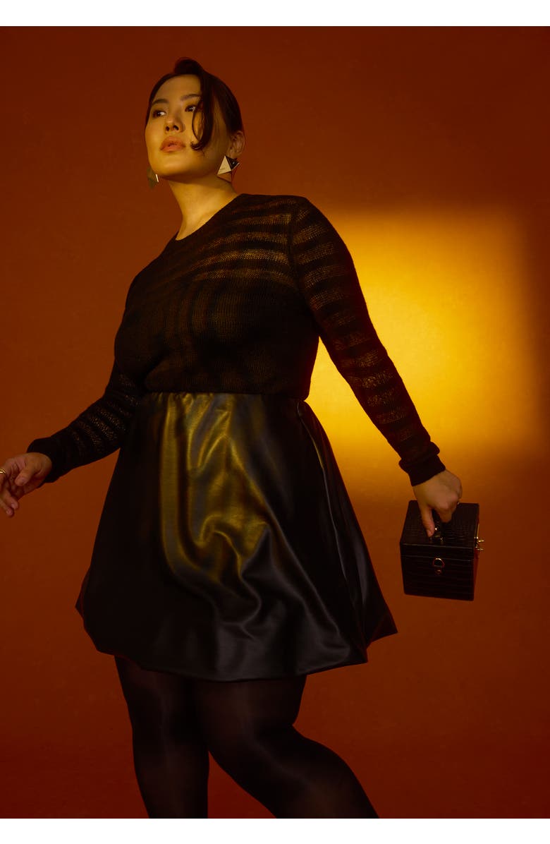 ELOQUII Faux Leather Bubble Hem Skirt, Alternate, color, Black