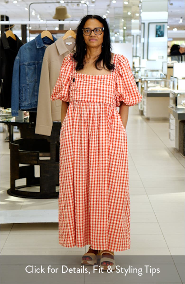 Nova Gingham Puff Sleeve Linen Blend Midi Dress, sales video thumbnail