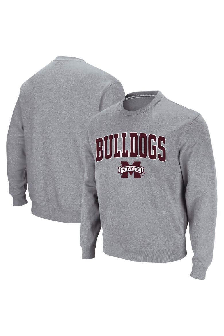 Men's Colosseum Heathered Gray Mississippi State Bulldogs Arch & Logo Tackle Twill Pullover Sweatshirt, Main, color, Heather Gray