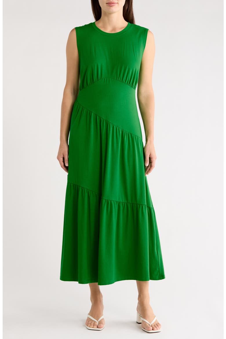 Gathered Sleeveless Tiered Maxi Dress, Main, color, FERN GREEN