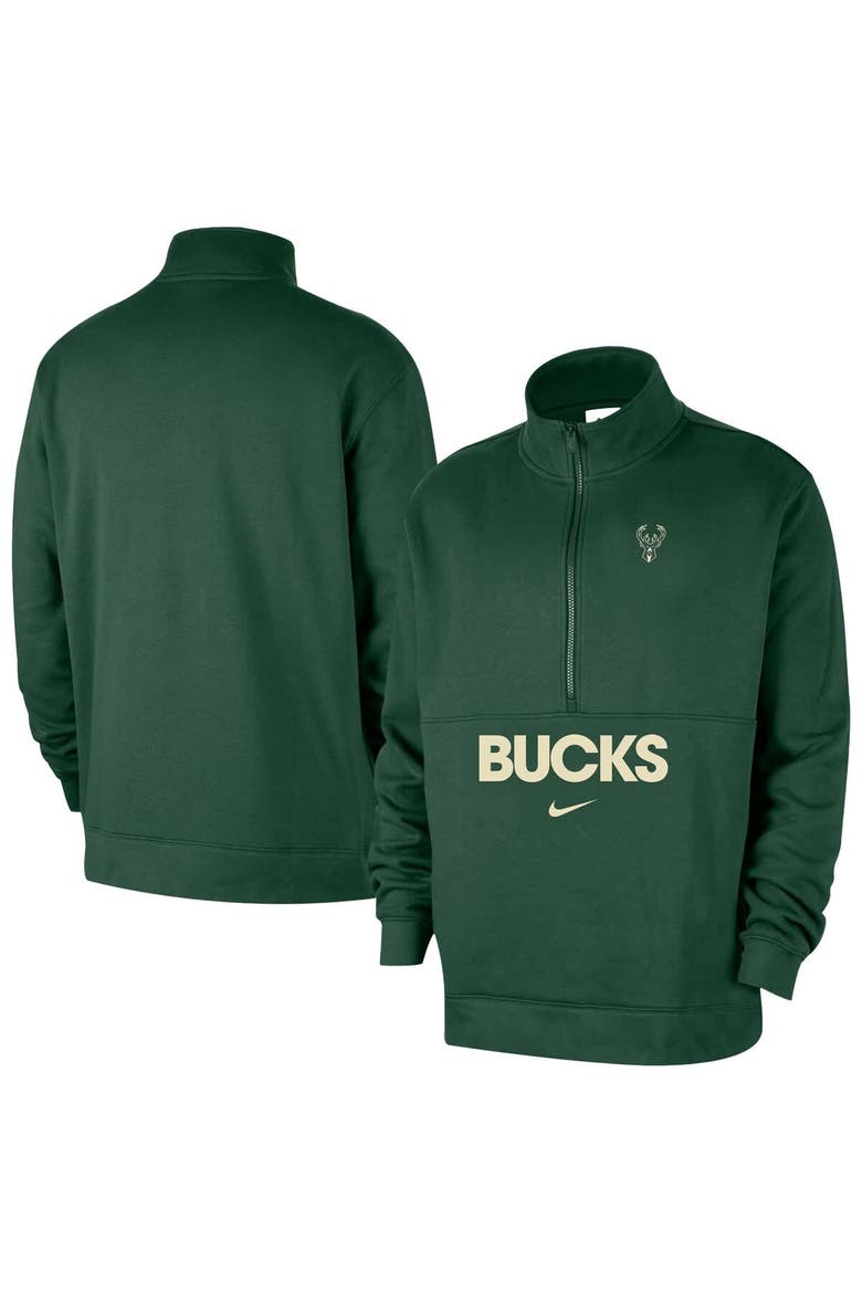 Men's Nike Hunter Green Milwaukee Bucks Courtside Club Half-Zip Jacket, Alternate, color, Hunter Green