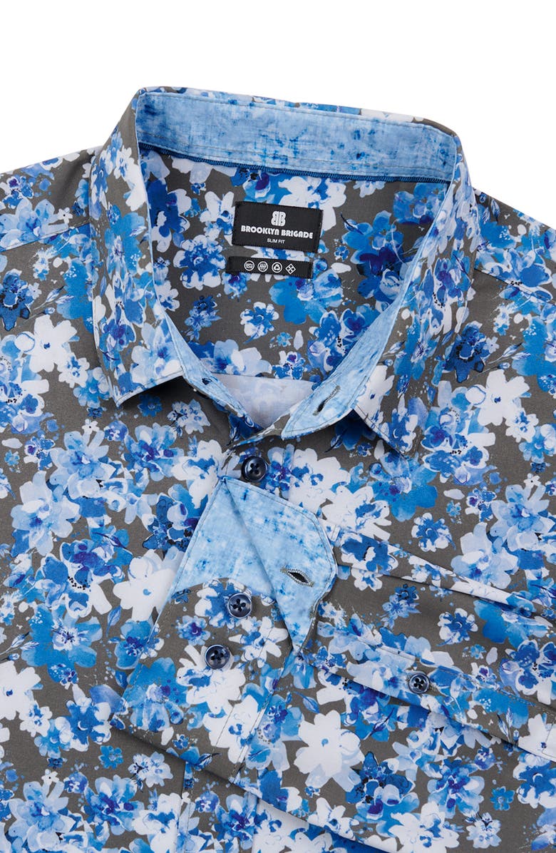 Brooklyn Brigade Slim Fit Floral Recycled 4-Way Stretch Performance Long Sleeve Shirt, Alternate, color, Blue
