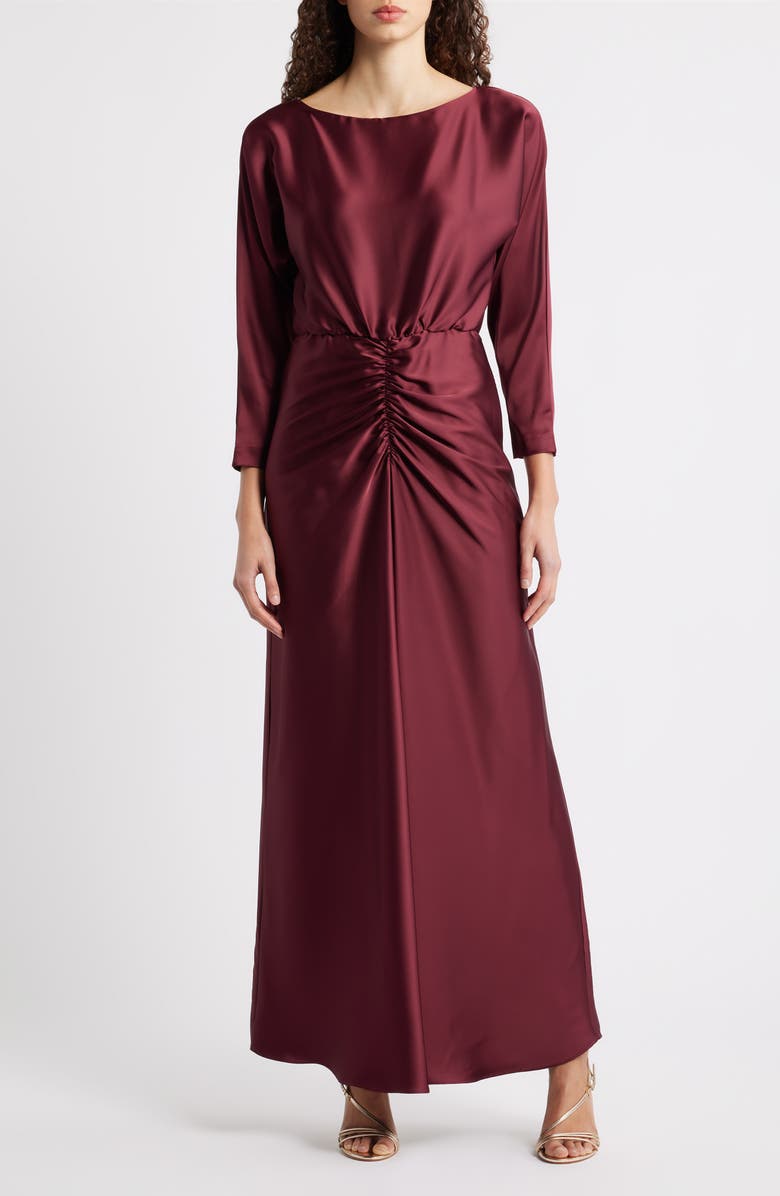 Julia Jordan Ruched Detail Long Sleeve Satin Gown, Main, color, Wine