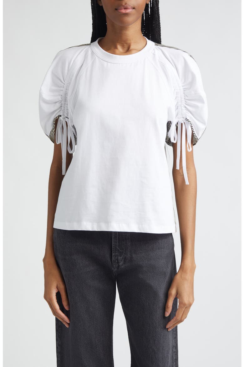 Mixed Media Puff Sleeve T-Shirt, Main, color, WHITE-BLACK MULTI