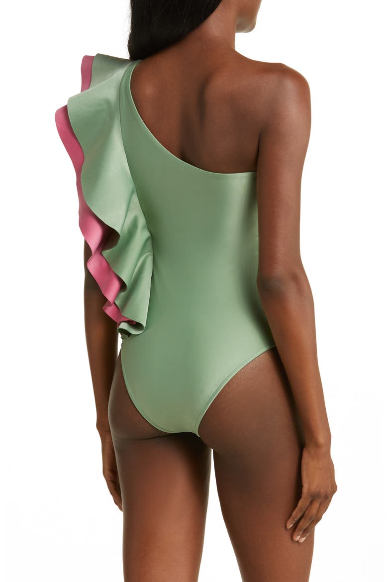 Ruffle One-Shoulder One-Piece Swimsuit, Alternate, color, GREEN