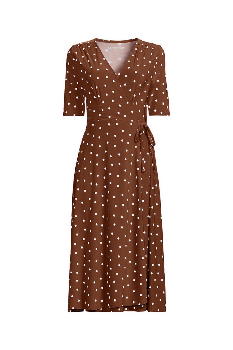 Silky Knit Elbow Sleeve Wrap Midi Dress, Alternate, color, Rich Ginger Brown Dot