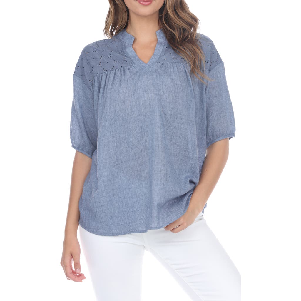 Shop Rain And Rose Embroidered Cotton Top In Blue Shadow