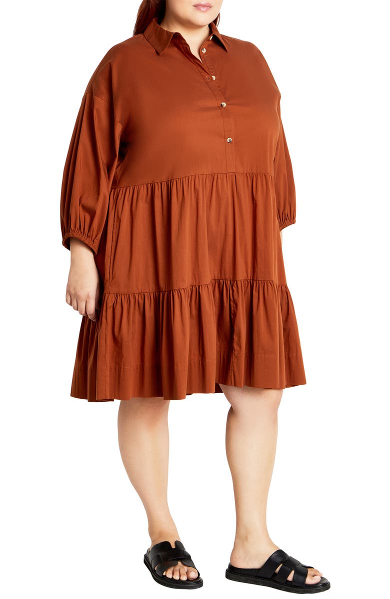City Chic Kiara Balloon Sleeve Tiered Shirtdress, Alternate, color, Amber