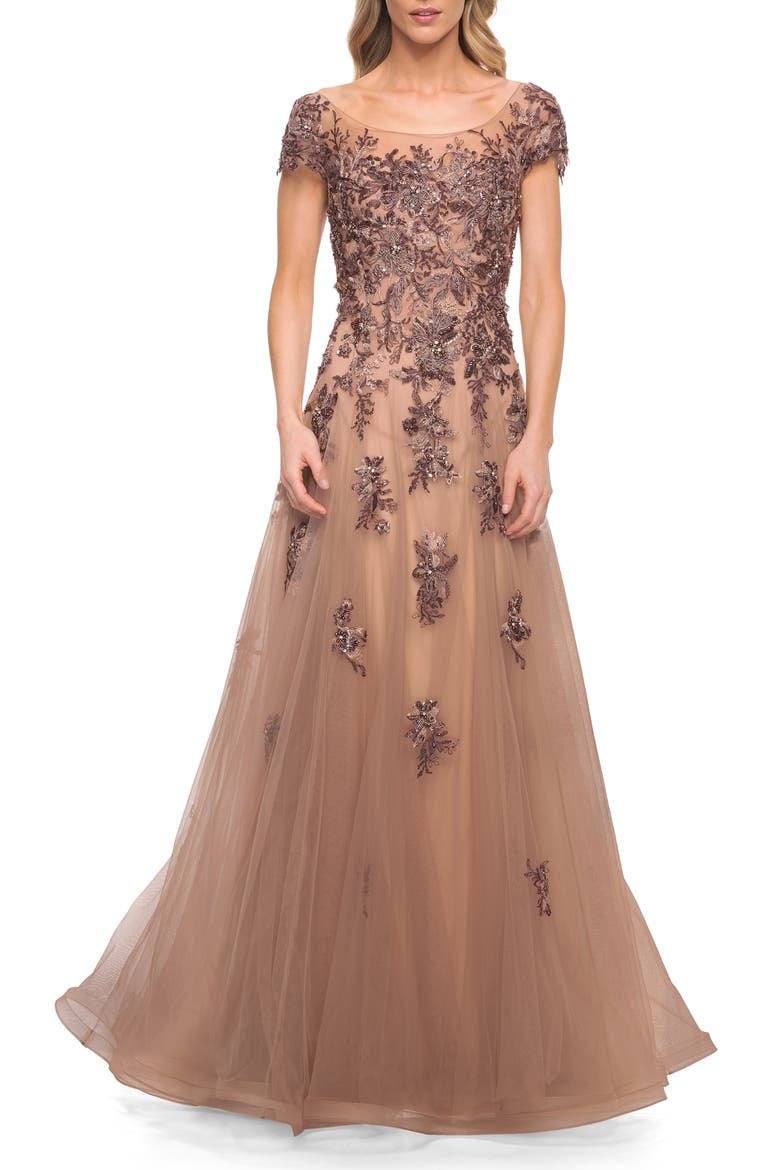 Gorgeous Beaded and Tulle A-line Gown, Main, color, COCOA