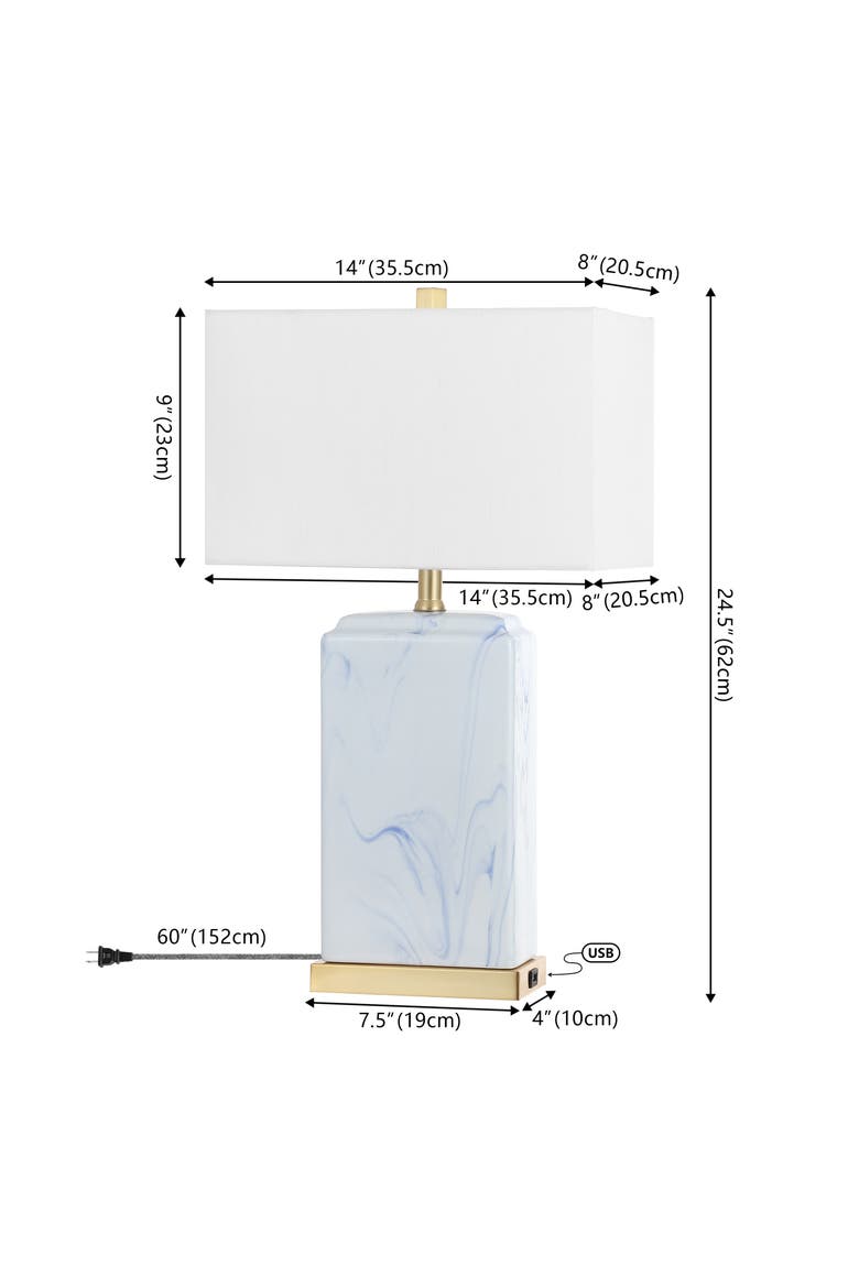 Chloe 24.5" Modern Coastal Iron/Marbled Ceramic LED Table Lamp with USB Charging Port, Blue/White, Alternate, color, Blue/White