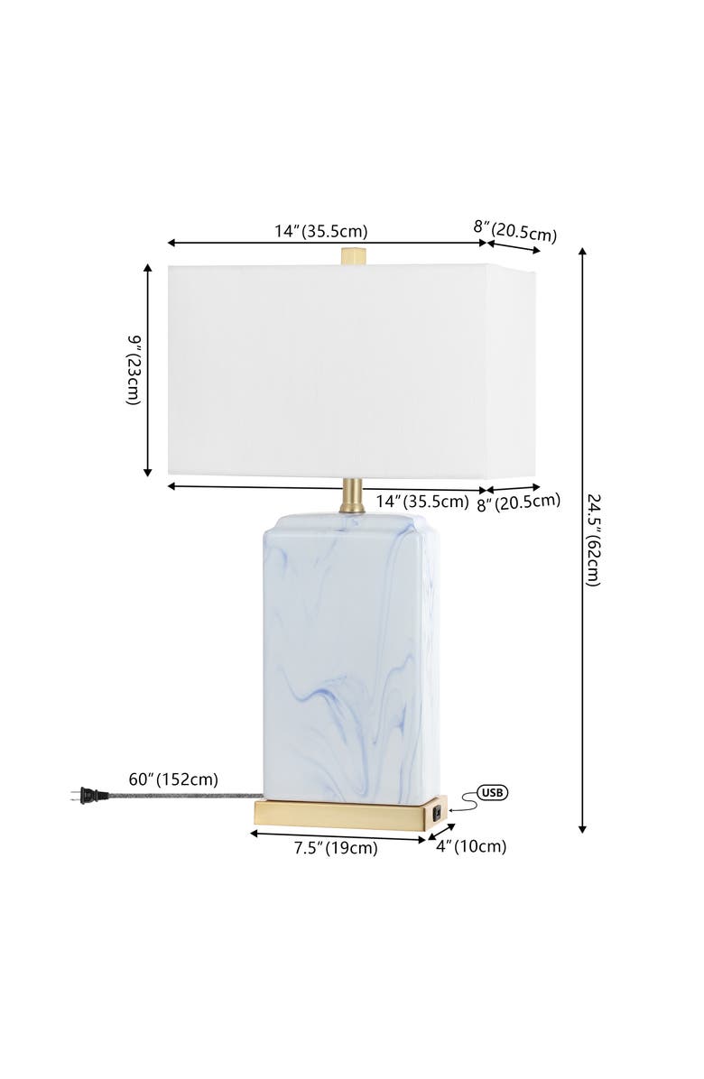 JONATHAN Y Chloe 24.5" Modern Coastal Iron/Marbled Ceramic LED Table Lamp with USB Charging Port, Blue/White, Alternate, color, Blue/White