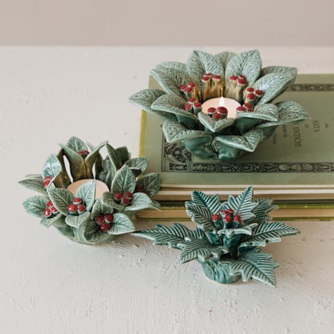 Reactive Glaze Dolomite Holly Leaves & Berries Figurine