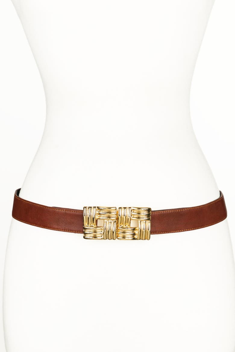 Square Gold Buckle Leather Belt, Main, color, Cognac