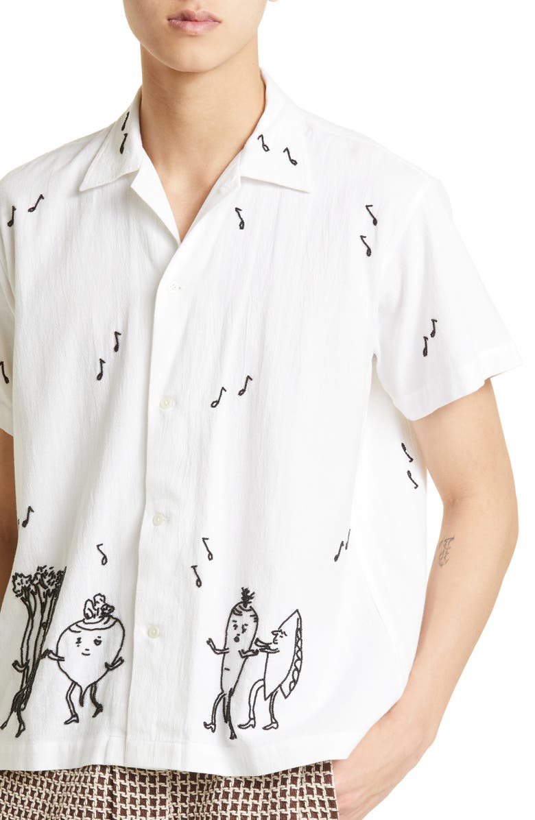 Bode Dancing Pantry Embroidered Short Sleeve Cotton Button-Up Shirt, Alternate, color,