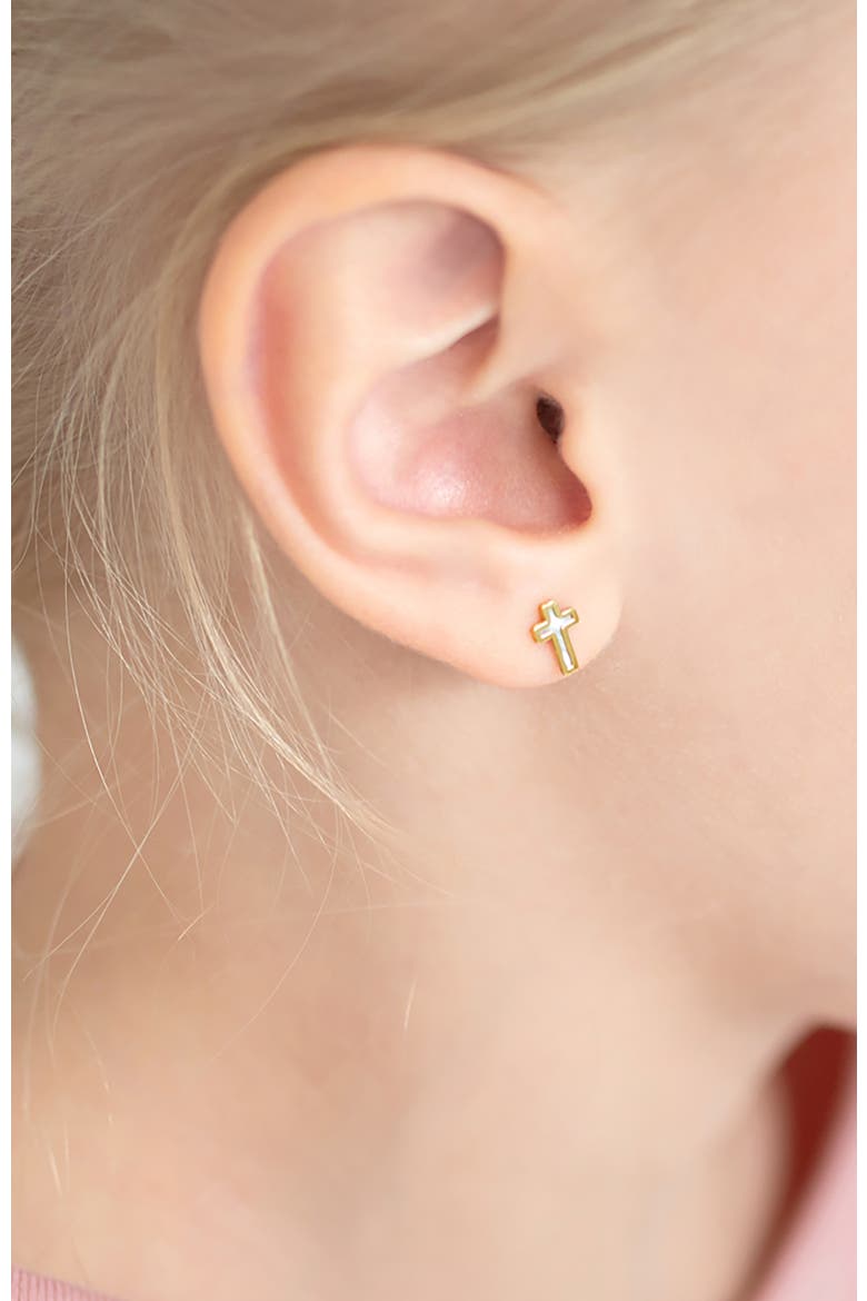 14k Mother of Pearl Cross Earrings, Alternate, color, White